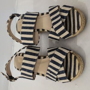 Maurices Blue Cream Striped Woven Cross Strap Espadrille Wedge Heel Shoes